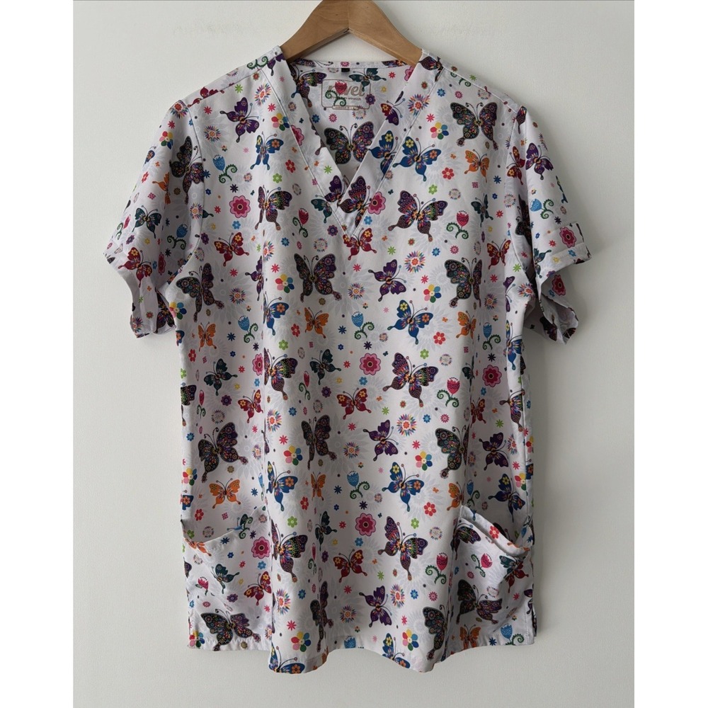 Revel Premium Stretch Scrub Top Womens 2X  Butterfly Graphic Print Multi-Color